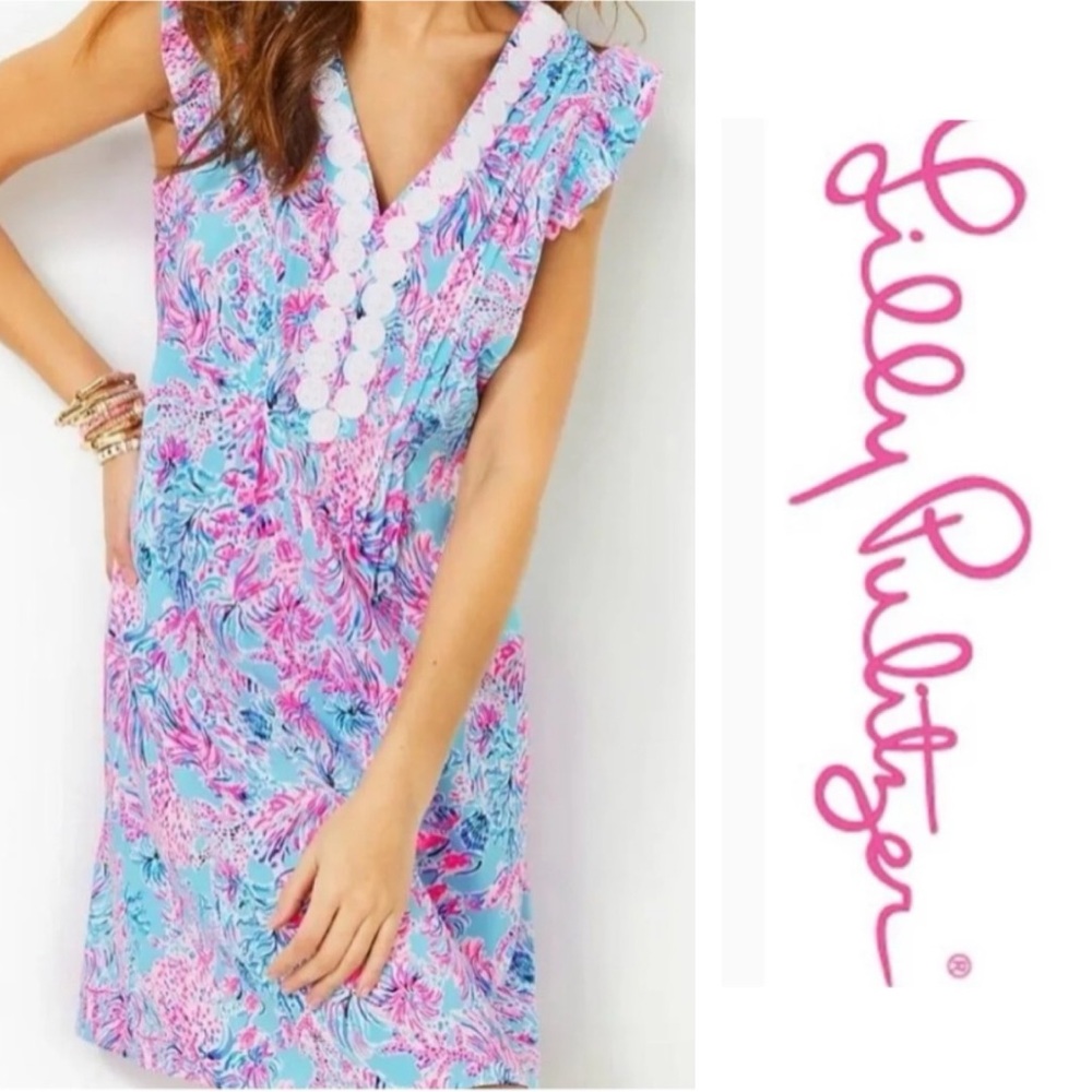 Lilly pulitzer JOAN TUNIC DRESS CELESTIAL BLUE SEEK AND SEA L New Without Tag 🏷️